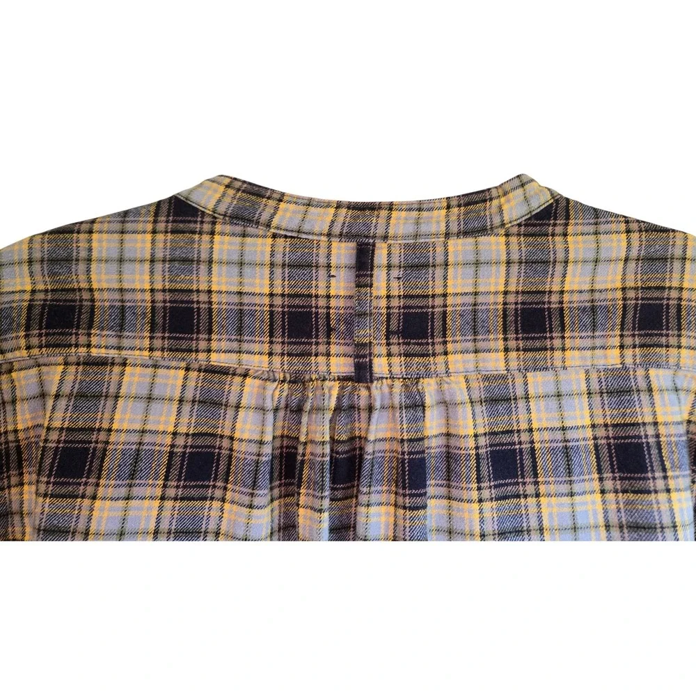 PJK Blue Label Womens L Cozy Plaid Flannel Henley Tunic Shirt Blue Yellow Ombre